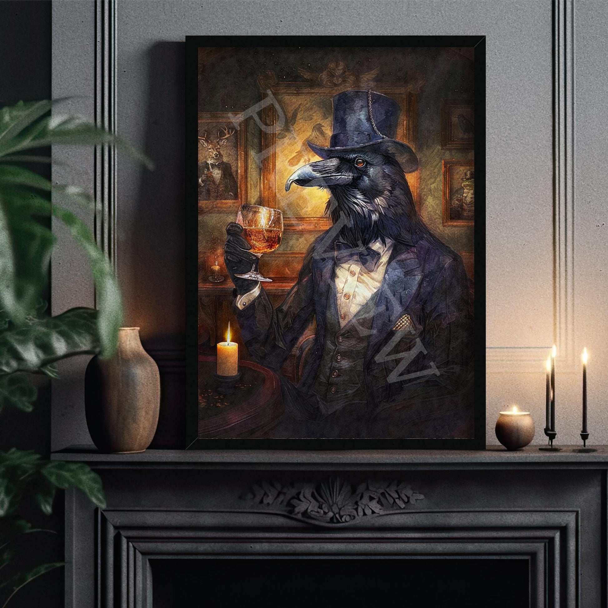 Raven_Drinking_Whisky_Black_Frame_-_Vintage_Panda_Designs