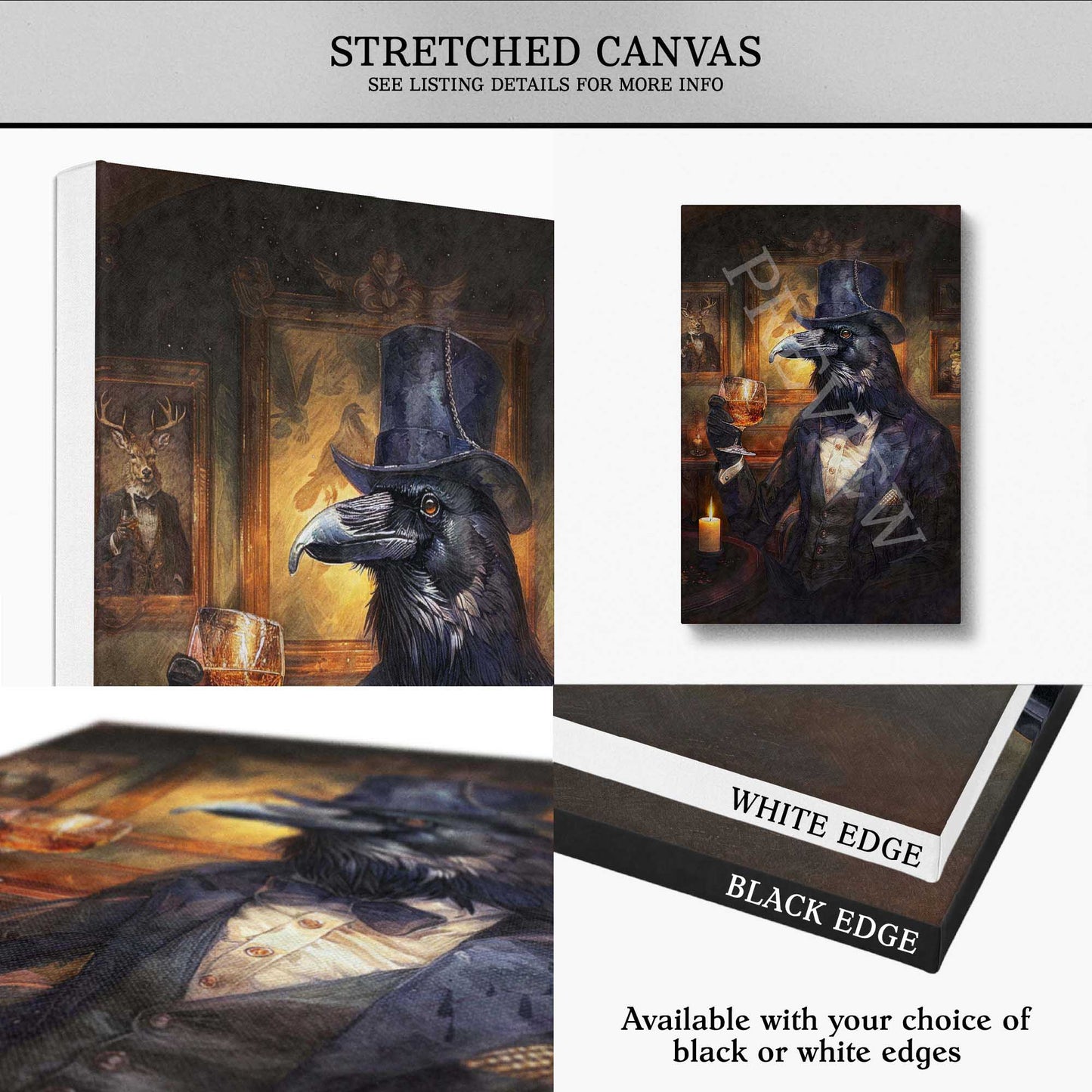 A collage showing a stretched canvas art print with a raven in a top hat and coat and glass of whisky, presented from multiple angles with text noting white or black edge options.