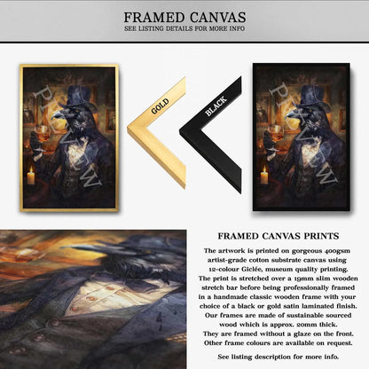 Raven_Drinking_Whisky_Framed_Canvas_by_Vintage_Panda_Designs