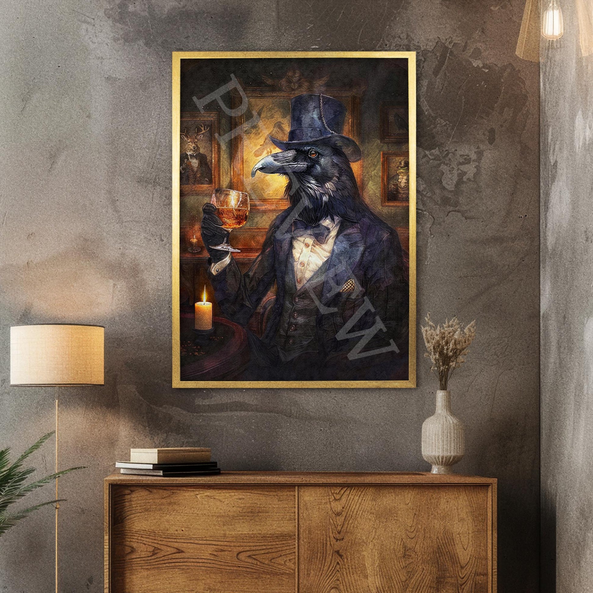 Raven_Drinking_Whisky_Gold_Frame_-_Vintage_Panda_Designs