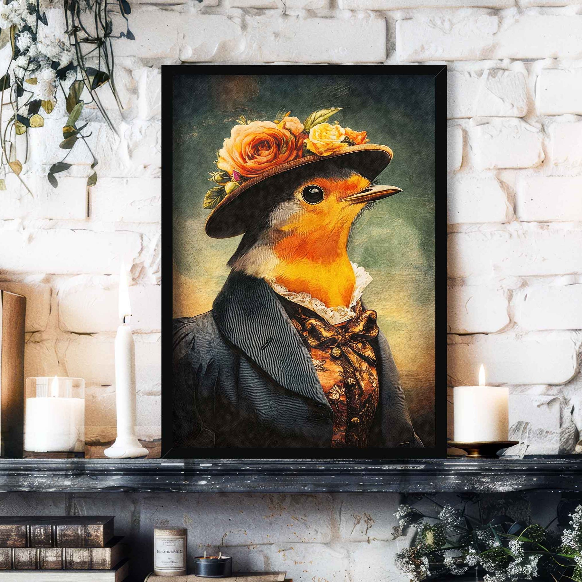 Robin Lady Wall Art Print in Black Frame by Vintage Panda Designs