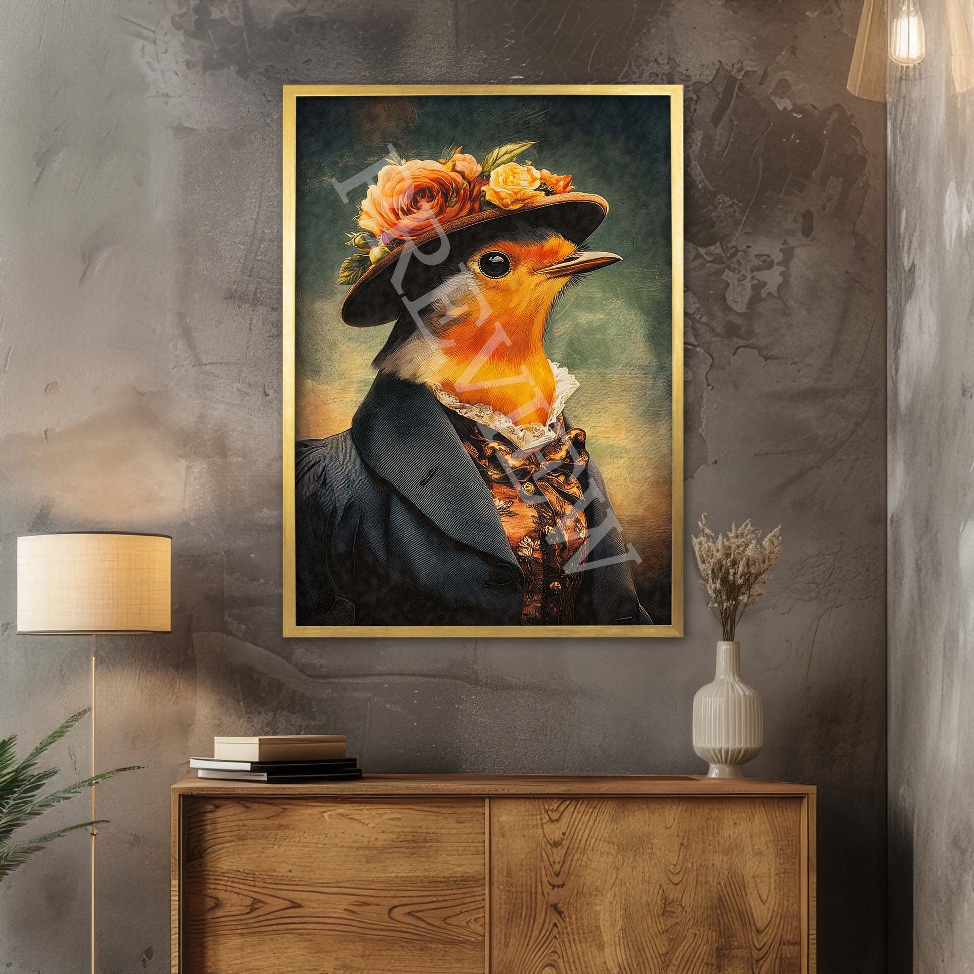 Robin Lady Wall Art Print in Gold Frame by Vintage Panda Designs