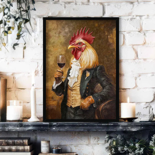 Rooster Drinking Red Wine Print Black Frame - Vintage Panda Designs