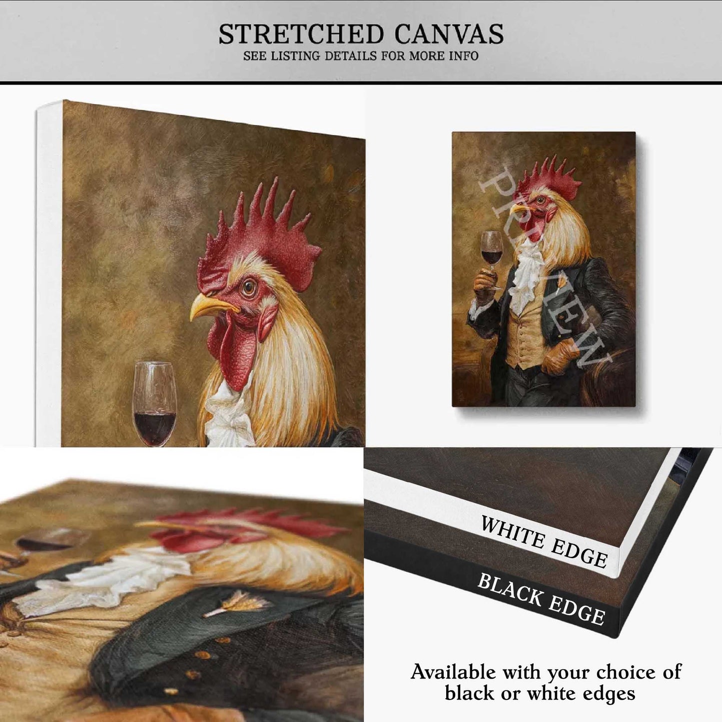 Collage of stretched canvas prints featuring a rooster with a glass of wine, with options for white or black edges.