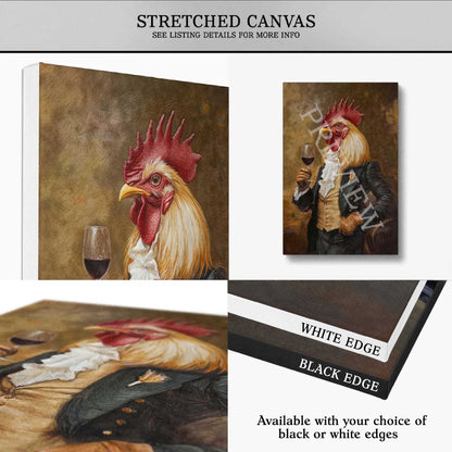 Collage of stretched canvas prints featuring a rooster with a glass of wine, with options for white or black edges.