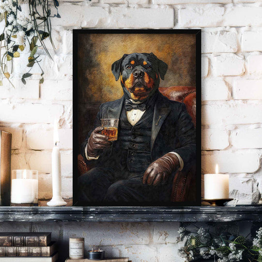 Rottweiler Dog Drinking Whisky Smoking Pipe Wall Art Print Black Frame Vintage Panda Designs