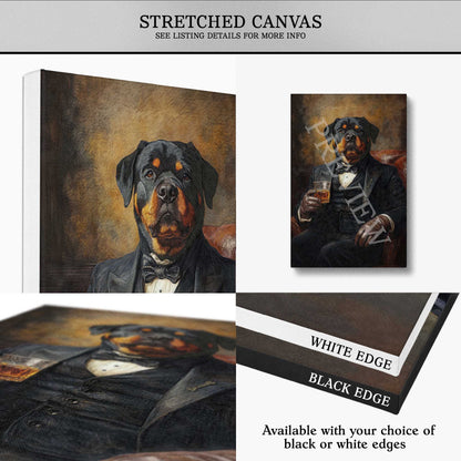 Collage of stretched canvas prints featuring a Rottweiler dog in formal attire with a glass of whisky with text about edge options.