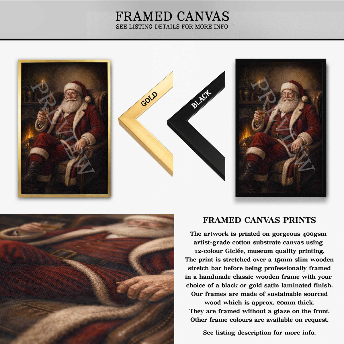 A product information graphic for framed canvas prints. The top section shows a framed print of Santa Claus fireplace with a glass of whisky, on a white background with text reading 'FRAMED CANVAS' and arrows labeled 'GOLD' and 'BLACK' indicating frame finishes.