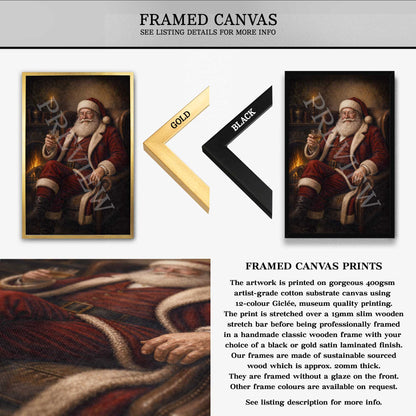 A product information graphic for framed canvas prints. The top section shows a framed print of Santa Claus fireplace with a glass of whisky, on a white background with text reading 'FRAMED CANVAS' and arrows labeled 'GOLD' and 'BLACK' indicating frame finishes.