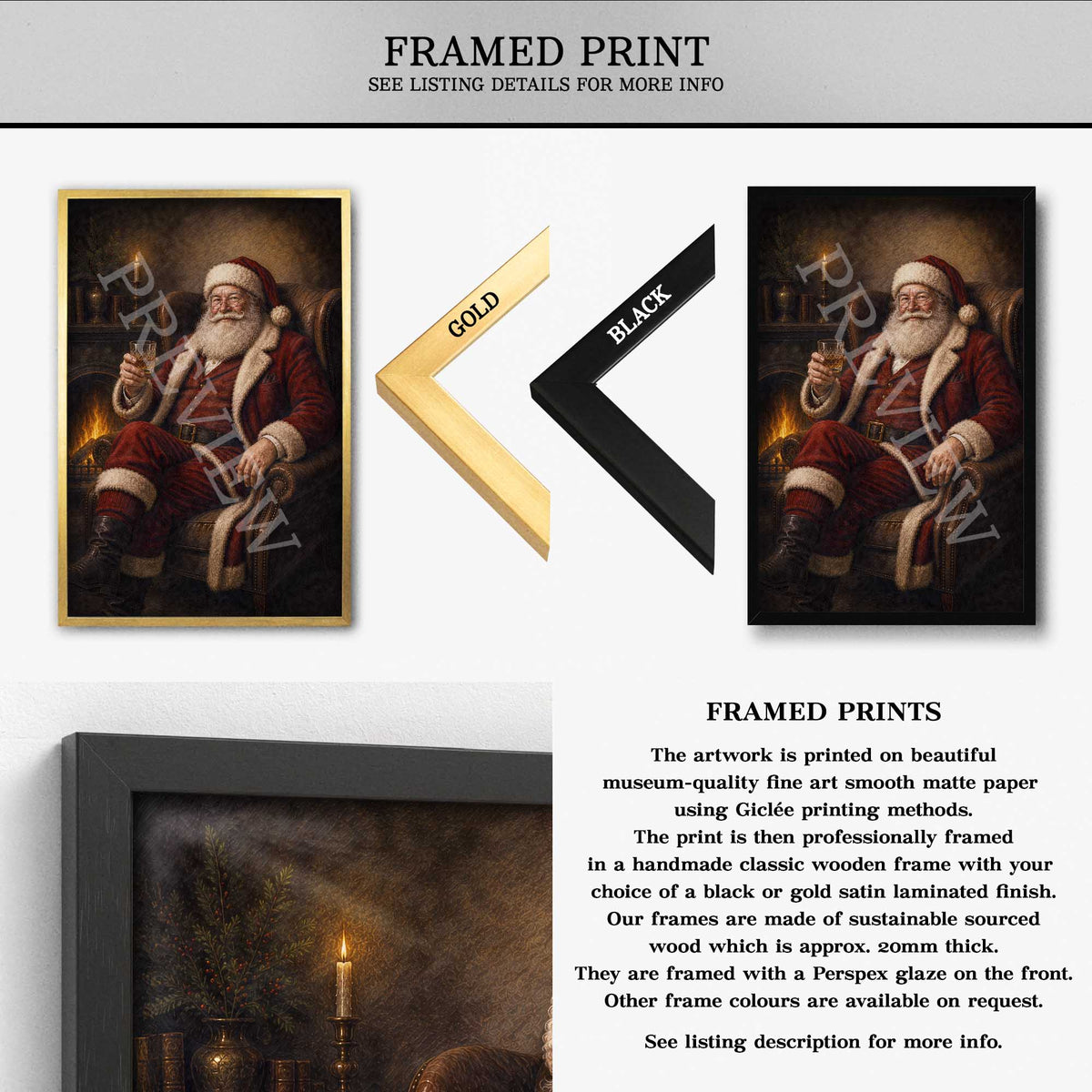 Framed art print listing showing a Santa Claus portrait print in a wooden frame, with color options labeled gold and black, plus a black framed print sample and descriptive text about the artwork and frame.