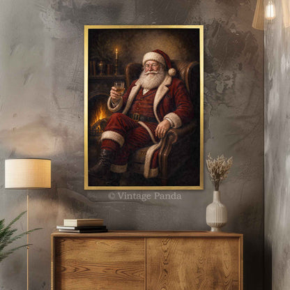 A framed vertical canvas print of a classic Christmas painting featuring Santa Claus in his red suit sitting by a fireplace with a glass of whisky, hanging on a textured gray wall above a wooden cabinet in a styled room.