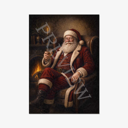 A vertical art print depicting Santa Claus sitting in a dark armchair by a fireplace, holding a glass of whisky. The print is shown against a light gray background, with a diagonal 'Preview' watermark overlay.
