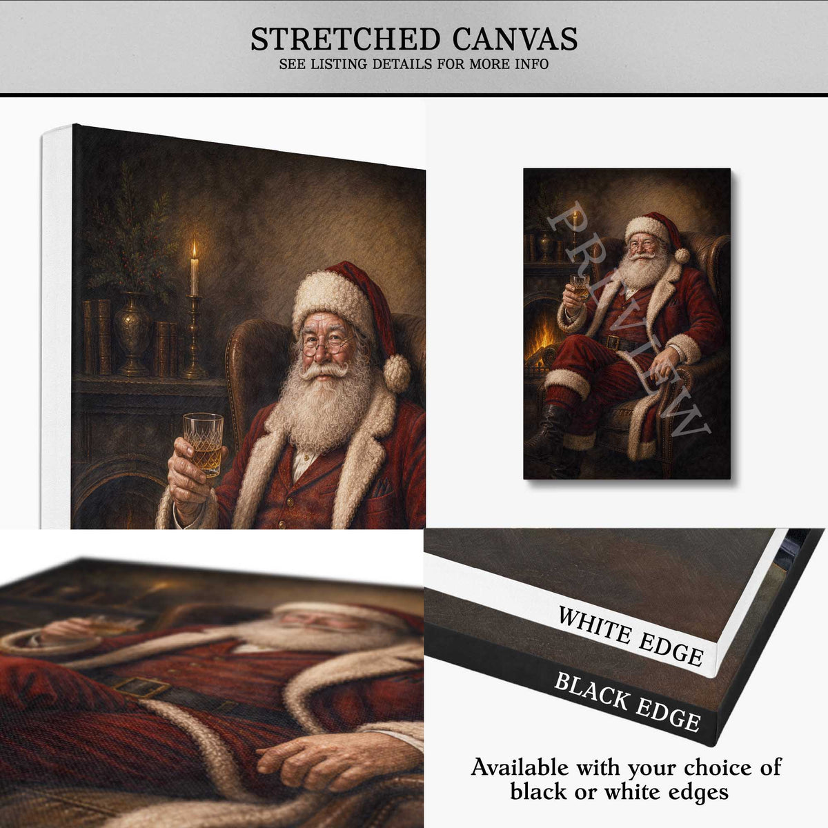 A collage showing a stretched canvas print of Santa Claus in a dark, moody portrait. The top text reads 'STRETCHED CANVAS' and the image includes multiple views: a large angled view of the canvas, a smaller front view, a close-up of the artwork, and a close-up of the black or white edge option.