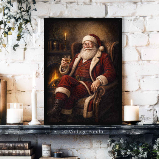 A framed vertical canvas print of a classic Victorian-era Santa Claus sitting by a fireplace and holding a glass, displayed on a dark mantelpiece against a white brick wall decorated with candles, books, and greenery.