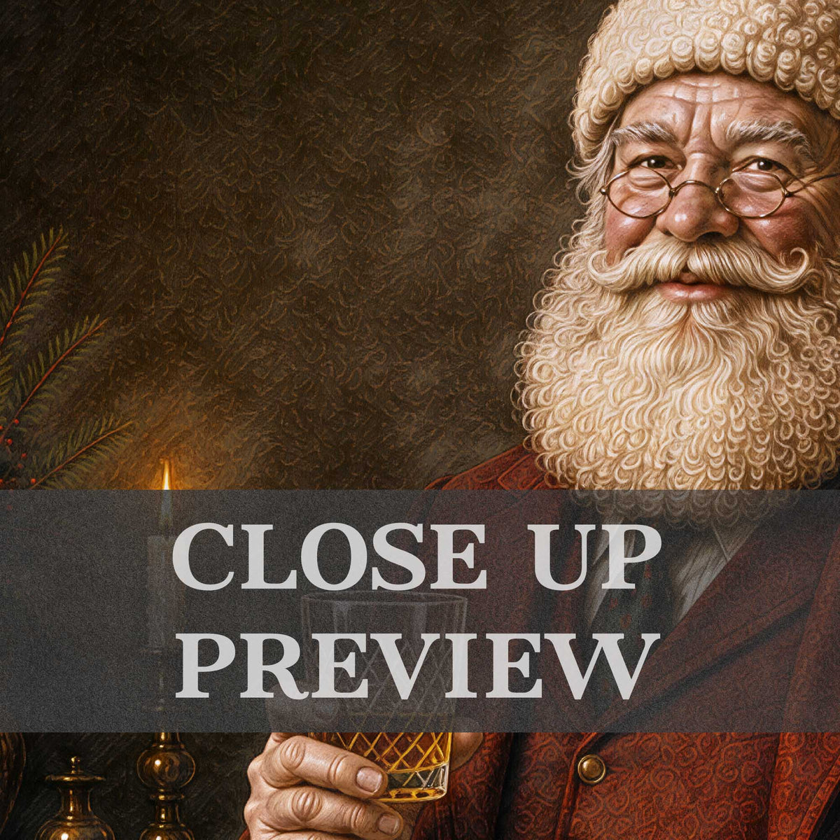 A close-up portrait of a Scottish Santa Claus-like figure with a curly white beard, glasses, and a red patterned coat, holding a glass. A dark translucent banner across the center reads 'CLOSE UP PREVIEW' in white text.