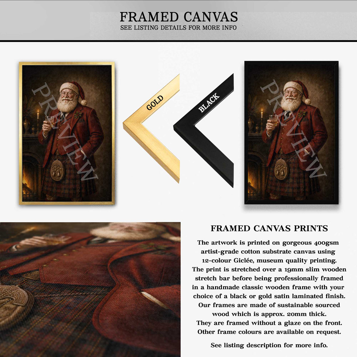 A product listing graphic for a framed Scottish Santa canvas print. The top section shows a portrait of a bearded man in historical clothing inside a gold frame, with text explaining that the artwork is printed on a 400gsm canvas and can be framed in black or gold.