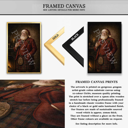 A product listing graphic for a framed Scottish Santa canvas print. The top section shows a portrait of a bearded man in historical clothing inside a gold frame, with text explaining that the artwork is printed on a 400gsm canvas and can be framed in black or gold.
