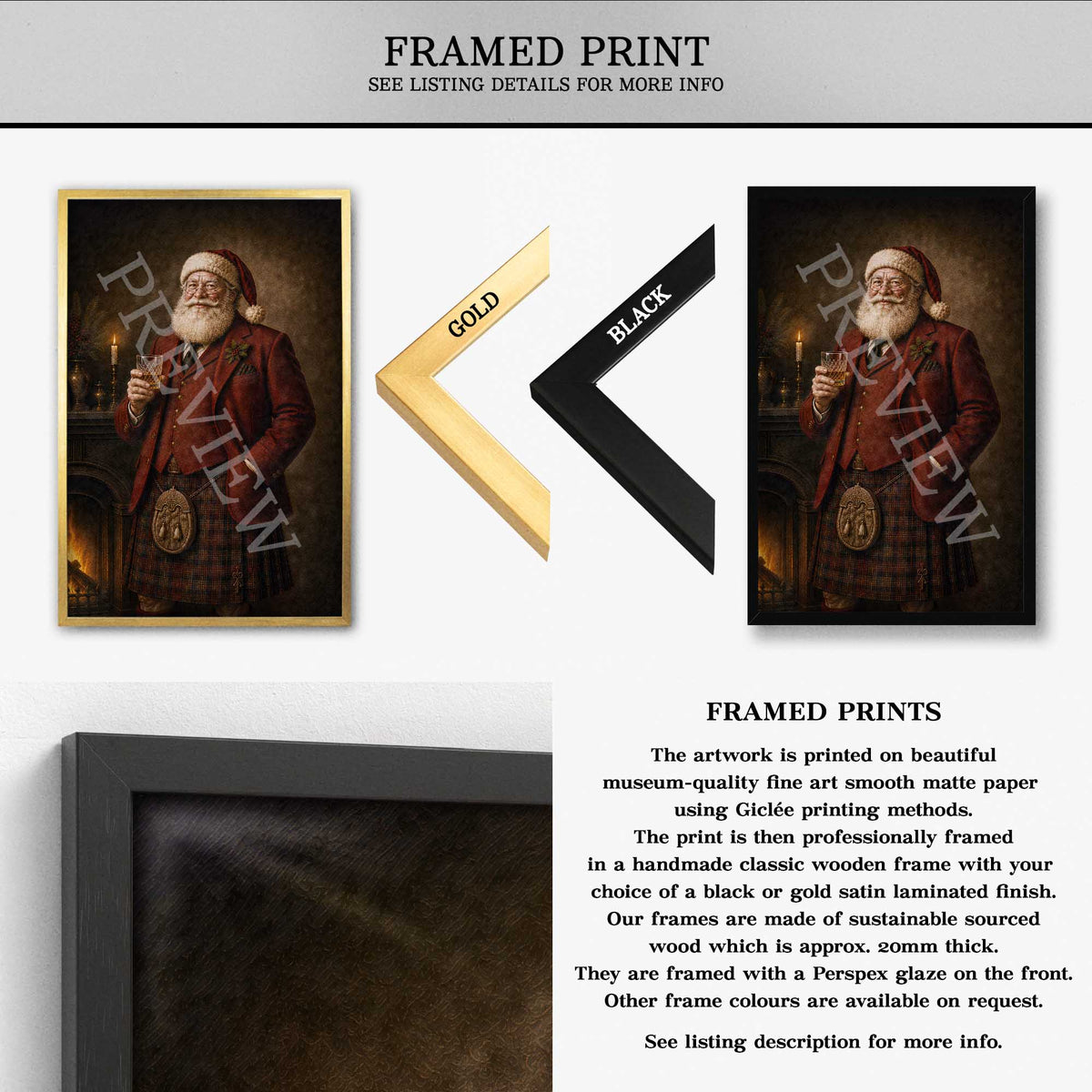 Framed art print listing showing a portrait of Scottish Santa Claus in a red coat and tartan kilt, presented in a gold frame alongside a black frame option. The image includes text describing the framed print features and materials, with a close-up of the dark wood frame at the bottom.