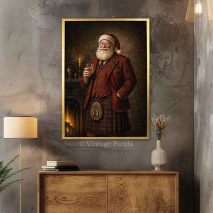 A framed vertical art print depicting a jovial Scottish Santa Claus in a red coat and kilt holding a glass of whiskey, styled on a textured gray wall above a wooden console table with a lamp and vase.