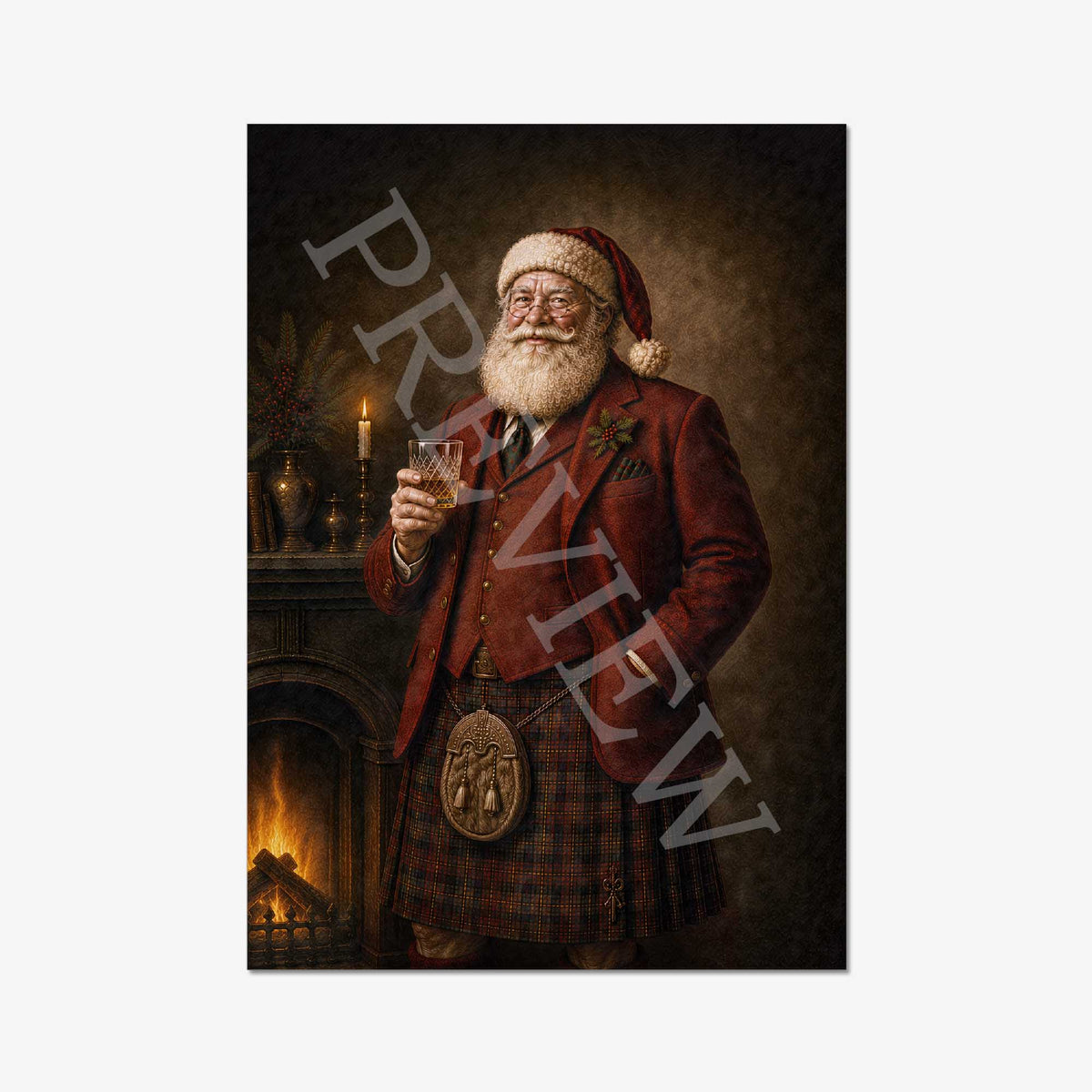 A vertical art print featuring a classical oil painting style portrait of Scottish  Santa Claus dressed in a red jacket and tartan kilt, holding a glass of whisky beside a fireplace. T