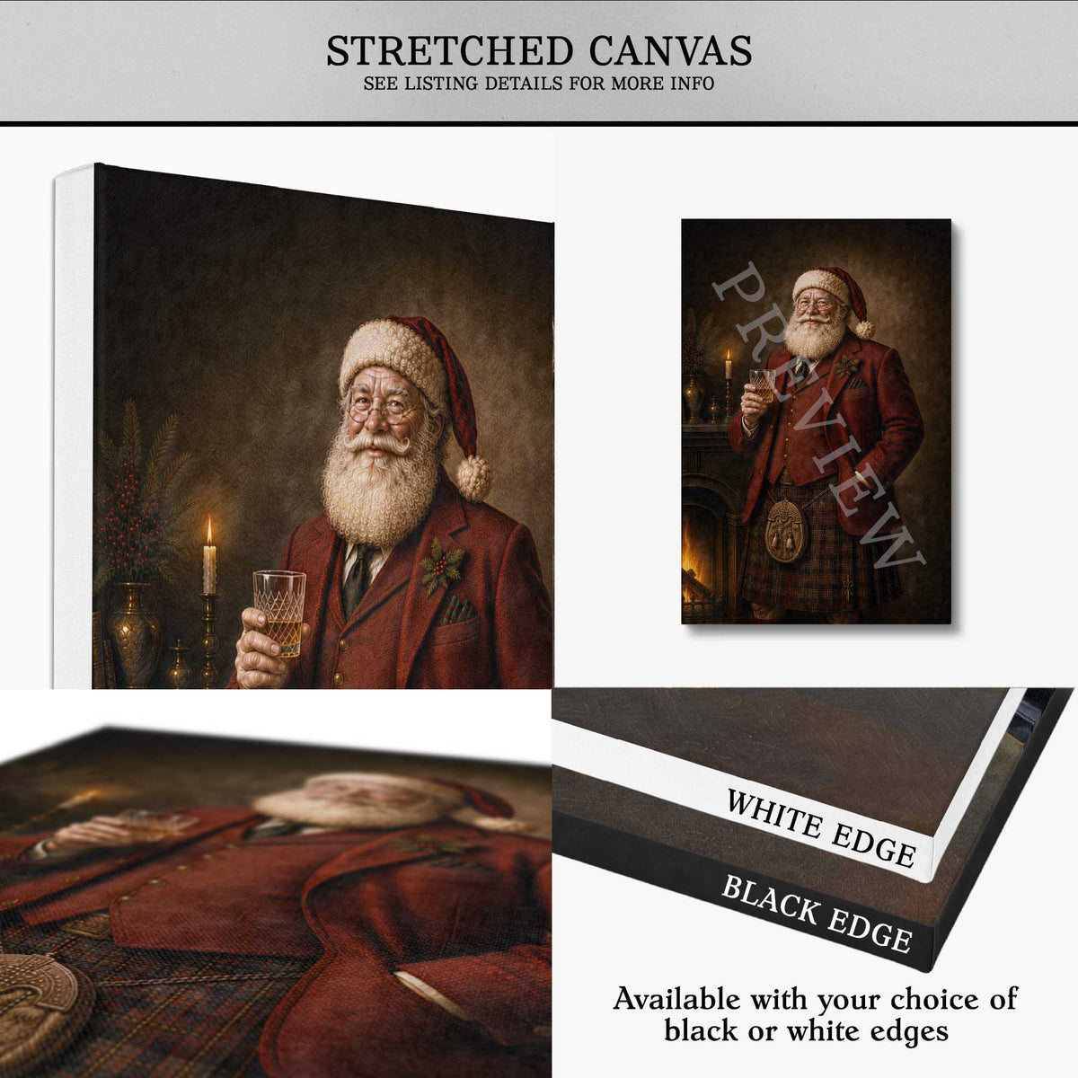 A collage showing a stretched canvas print of Scottish Santa Claus in a red coat and kilt, with text noting 'Stretched Canvas' and options for white or black edges. The main product is the printed canvas artwork, shown from multiple angles.