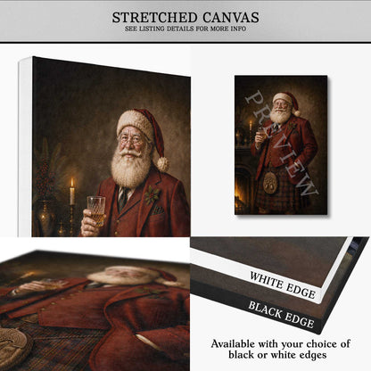 A collage showing a stretched canvas print of Scottish Santa Claus in a red coat and kilt, with text noting 'Stretched Canvas' and options for white or black edges. The main product is the printed canvas artwork, shown from multiple angles.