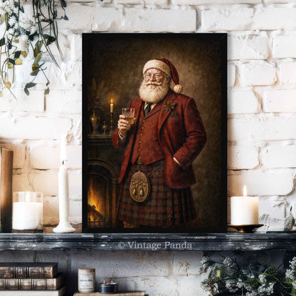 A framed vertical canvas print of a vintage Scottish Santa Claus portrait, styled on a dark mantelpiece against a white brick wall with candles, books, and greenery.