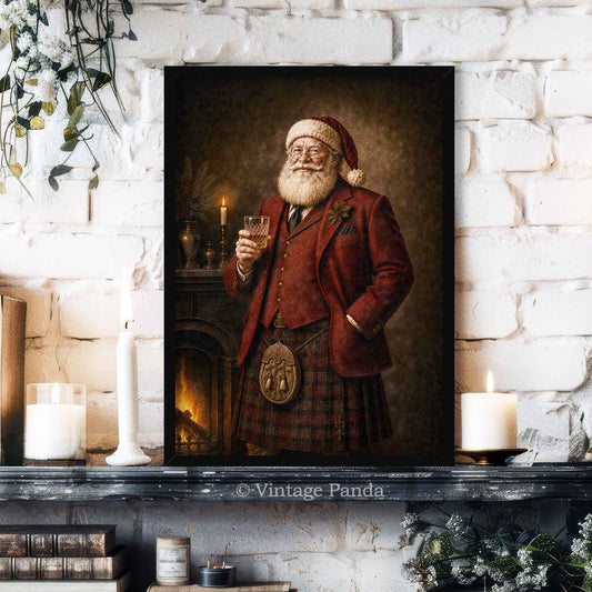 A framed vertical canvas print of a vintage Scottish Santa Claus portrait, styled on a dark mantelpiece against a white brick wall with candles, books, and greenery.