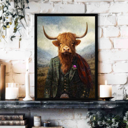 Framed portrait of a Scottish highland cow in a suit on a white brick wall in a black frame.