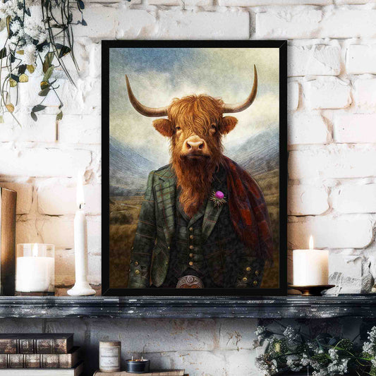 Framed portrait of a Scottish highland cow in a suit on a white brick wall in a black frame.