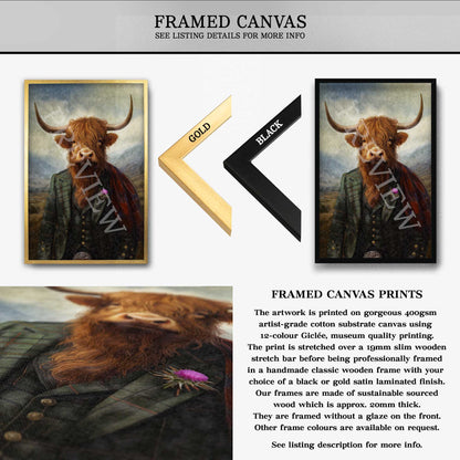 Framed canvas print of a Scottish highland cow wearing a kilt showing gold and black frame options.