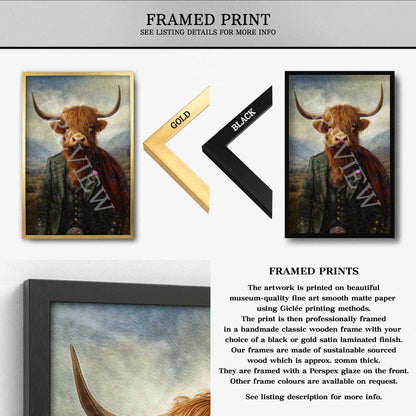 Framed print of a Scottish highland cow with text about frame options and printing details.