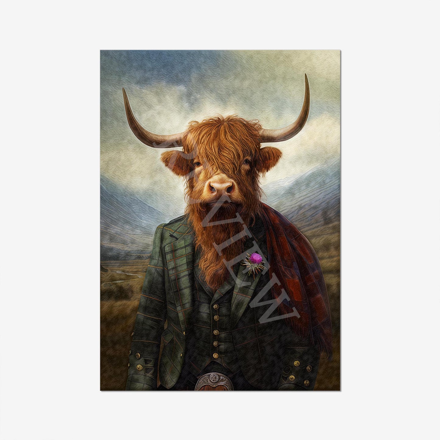 Highland cow wearing a jacket & kilt with a scenic Scottish background