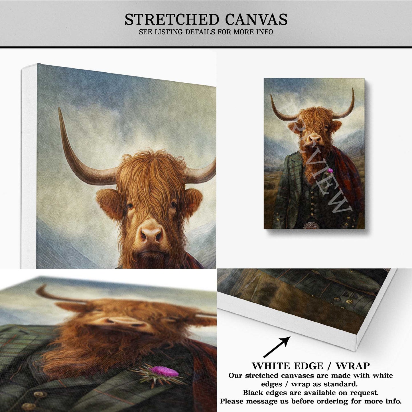 Collage of Scottish highland cow on stretched canvas.