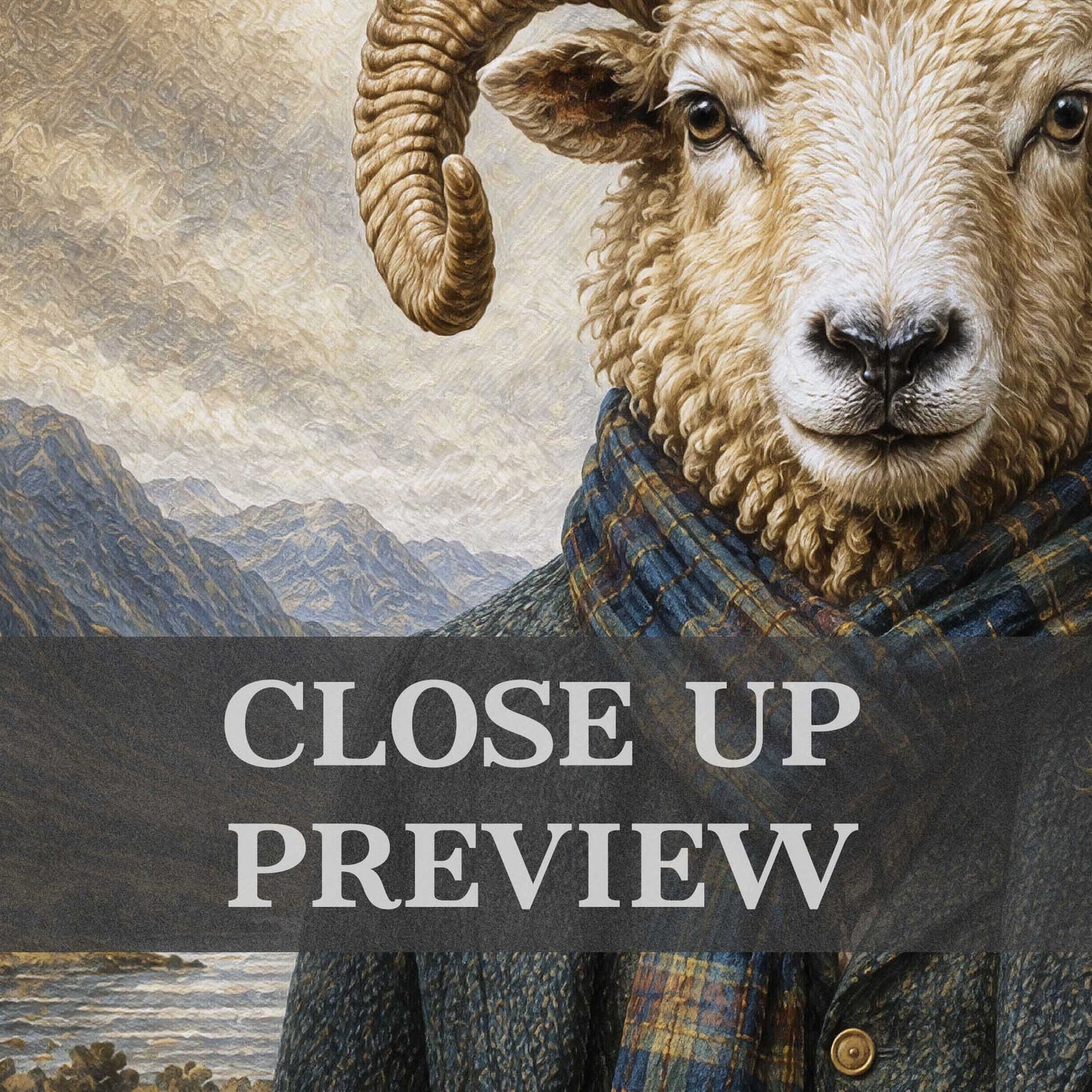 Sheep wearing a coat with a scenic background and 'Close Up Preview' text overlay.