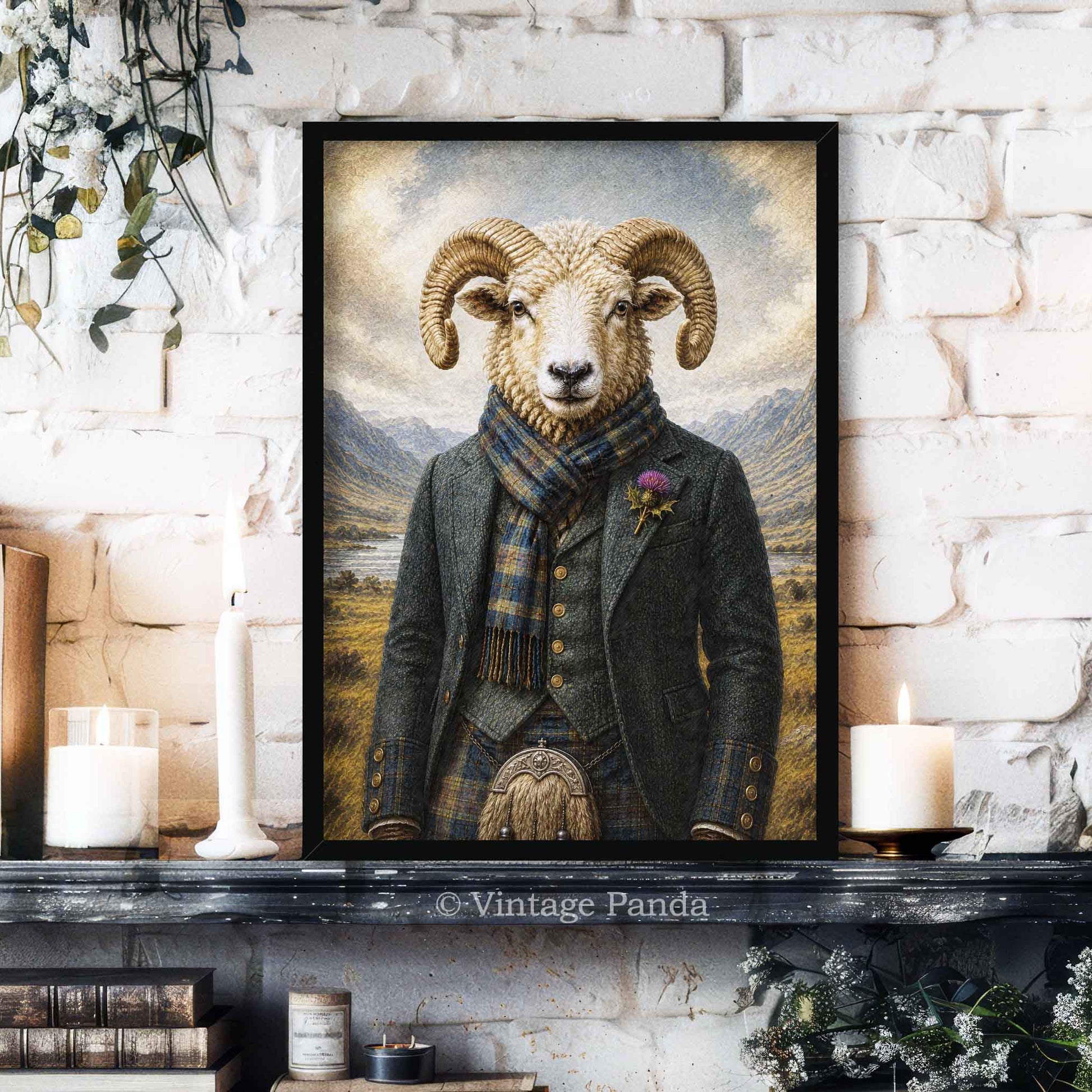 Framed artwork of a ram wearing a Scottish coat, kilt and scarf