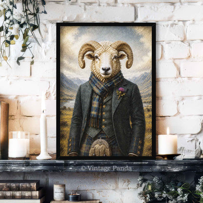 Framed artwork of a ram wearing a Scottish coat, kilt and scarf