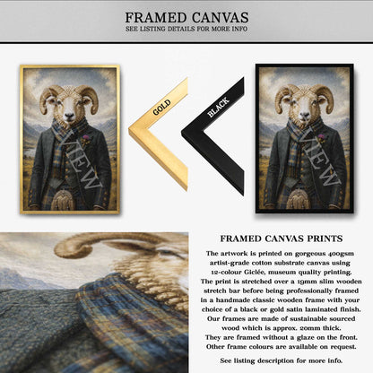 Framed canvas print of a ram wearing a coat with gold and black frame options shown.