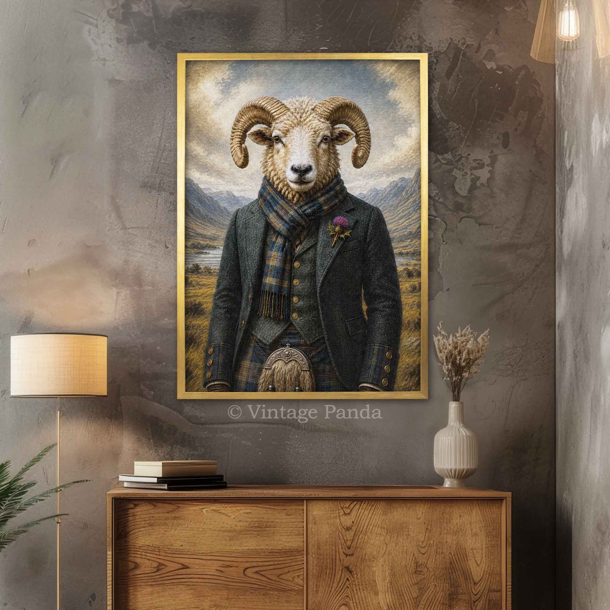 Framed artwork of a Scottish ram in a suit on a wall above a wooden cabinet.