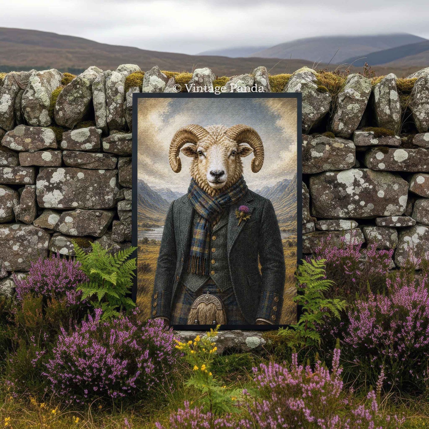 Framed picture of a ram in a traditional Scottish suit against a stone wall with highland mountains in the background