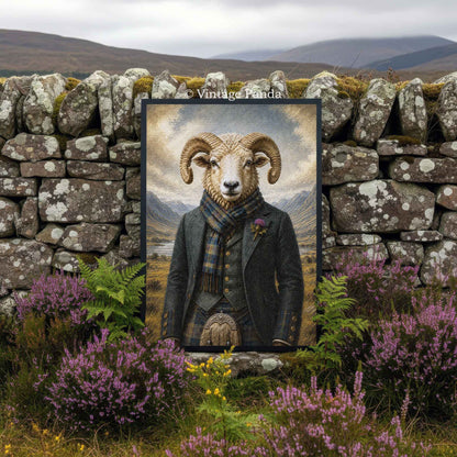 Framed picture of a ram in a traditional Scottish suit against a stone wall with highland mountains in the background