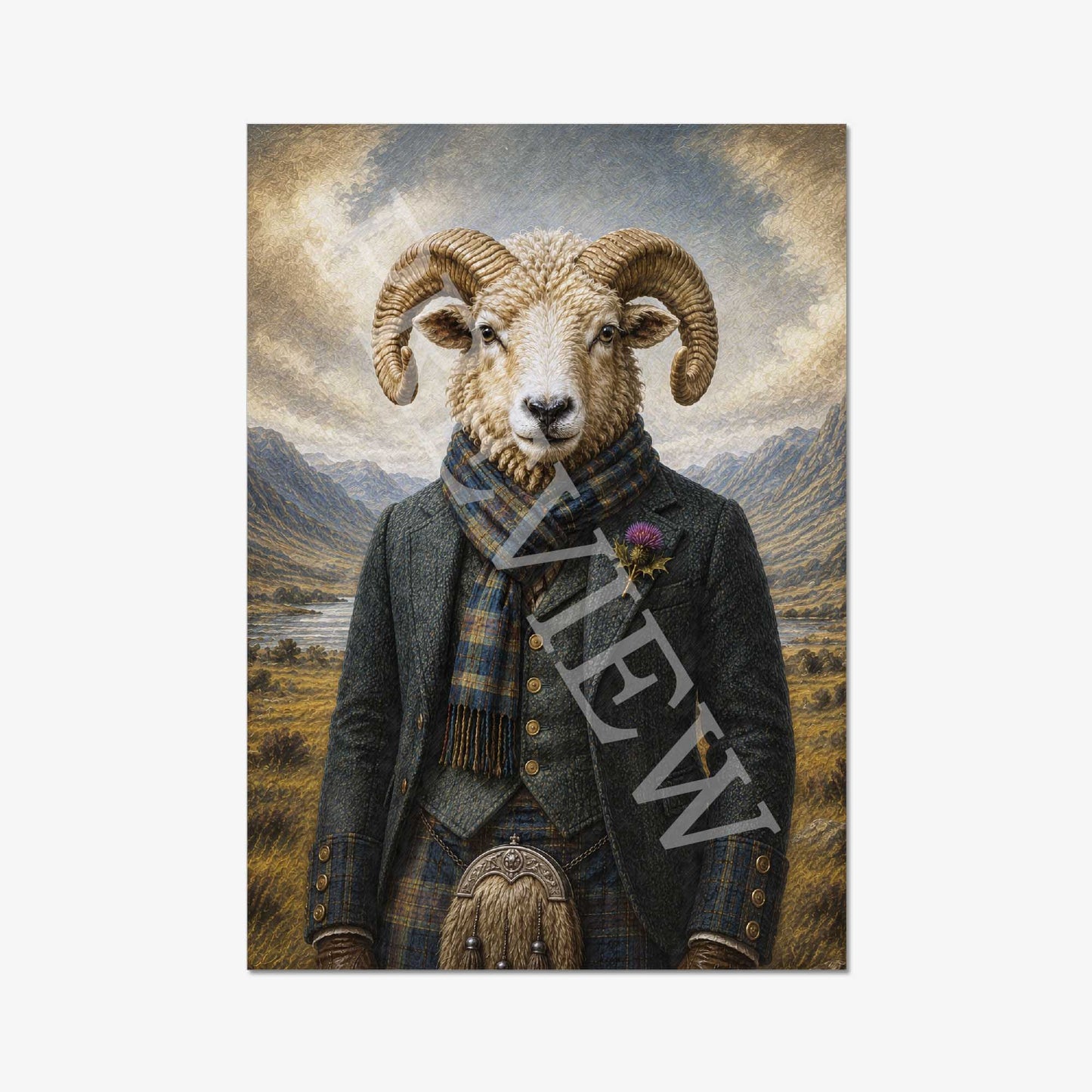Sheep in a suit with a scenic Scottish background