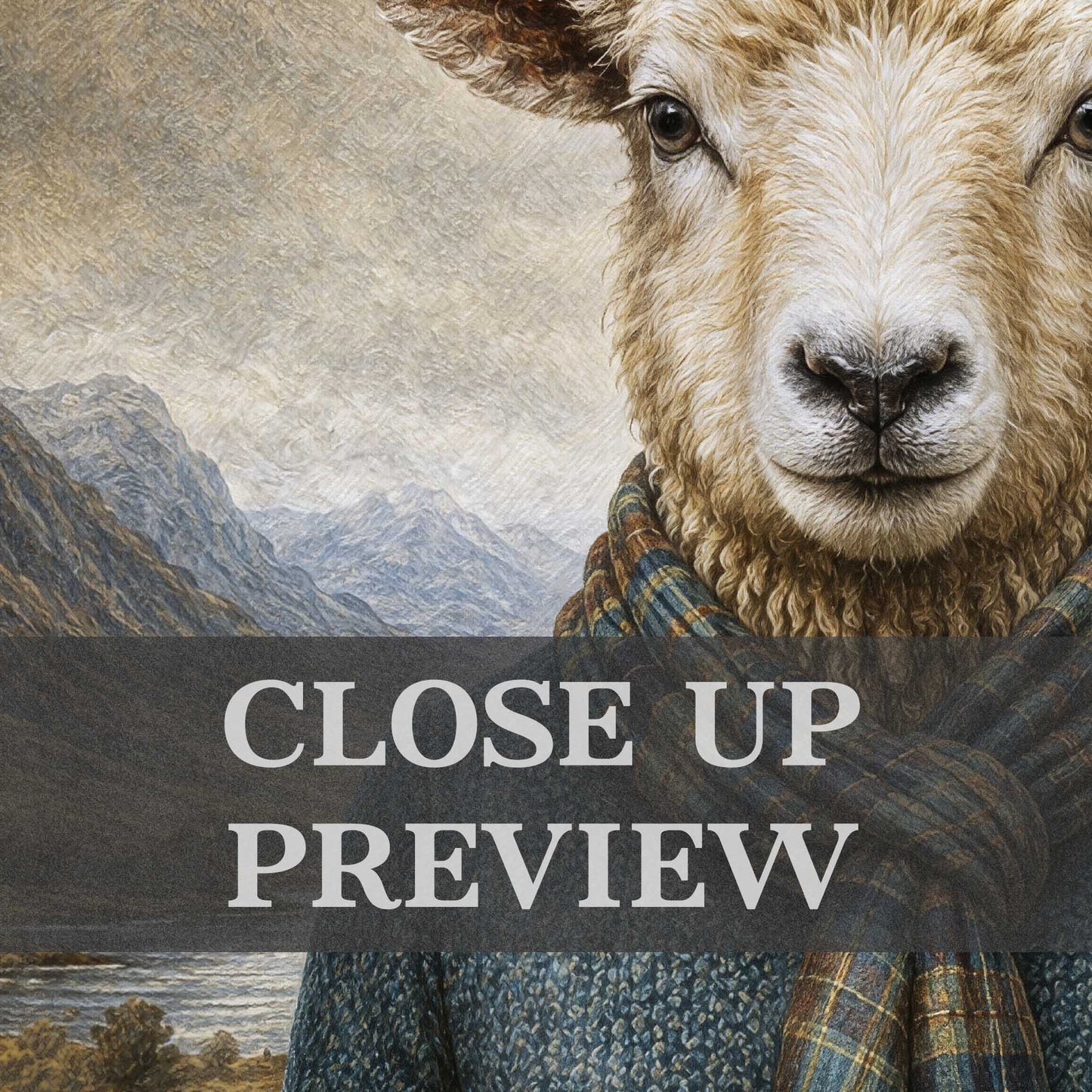 Close-up of a sheep wearing a plaid garment with a scenic background