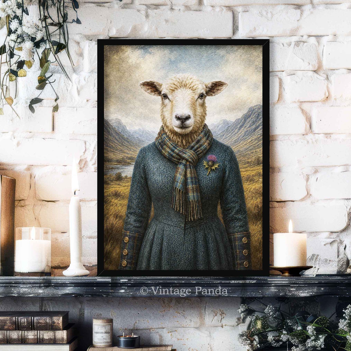 Framed artwork of a Scottish sheep wearing a coat and scarf on a decorative shelf.