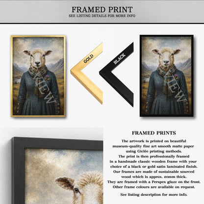 Framed prints of a Scottish sheep with a gold and black frame option displayed.