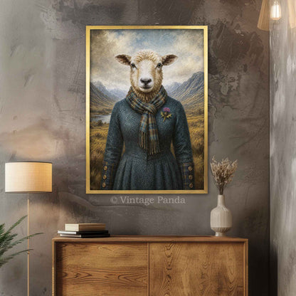 Framed artwork of a sheep in Scottish dress in a gold frame on a wall above a wooden cabinet.