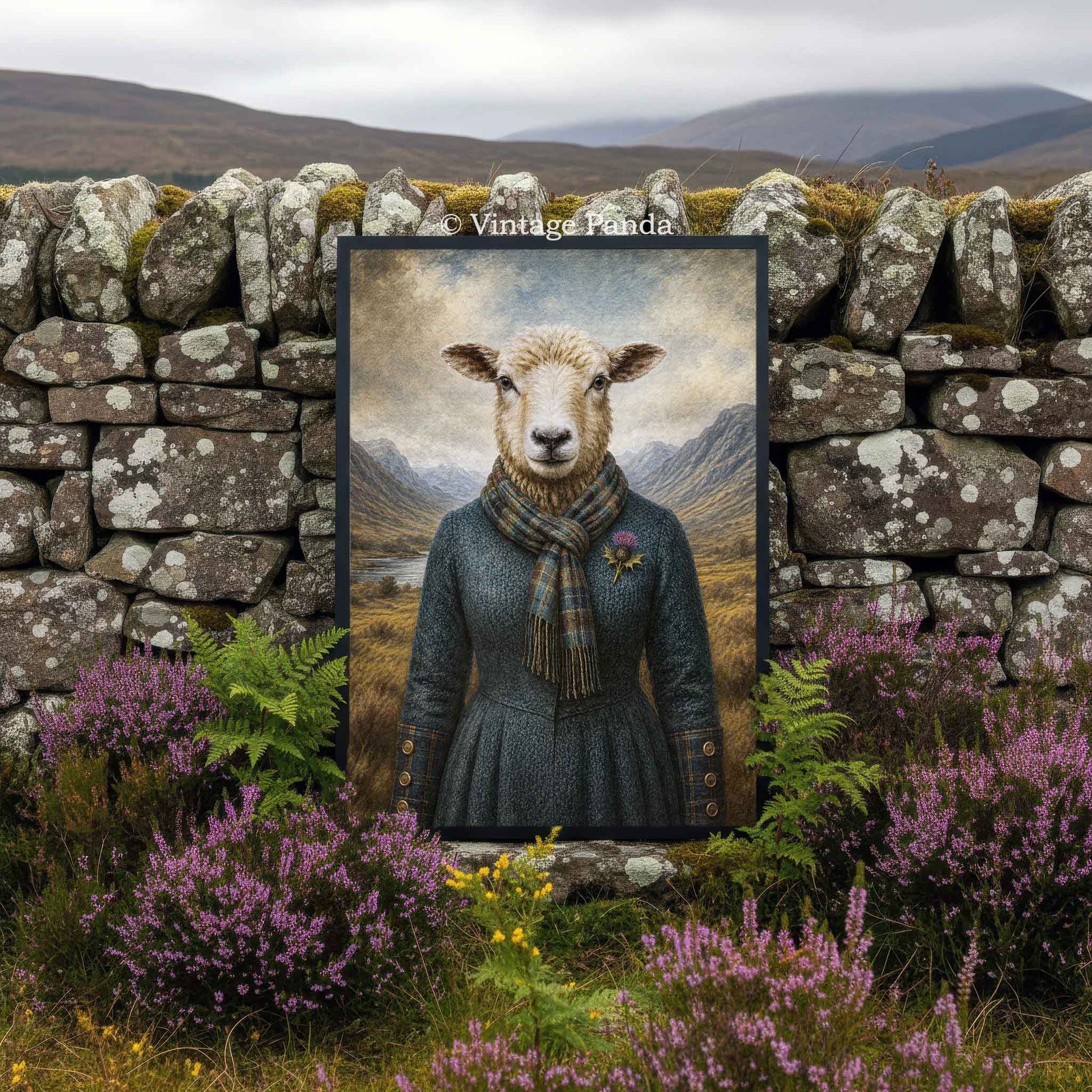 Framed painting of a sheep in a wool dress against a stone wall with Scottish mountains in the background