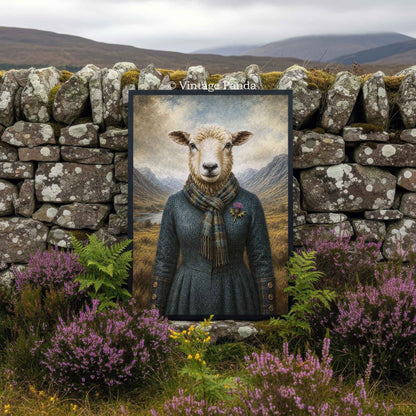 Framed painting of a sheep in a wool dress against a stone wall with Scottish mountains in the background