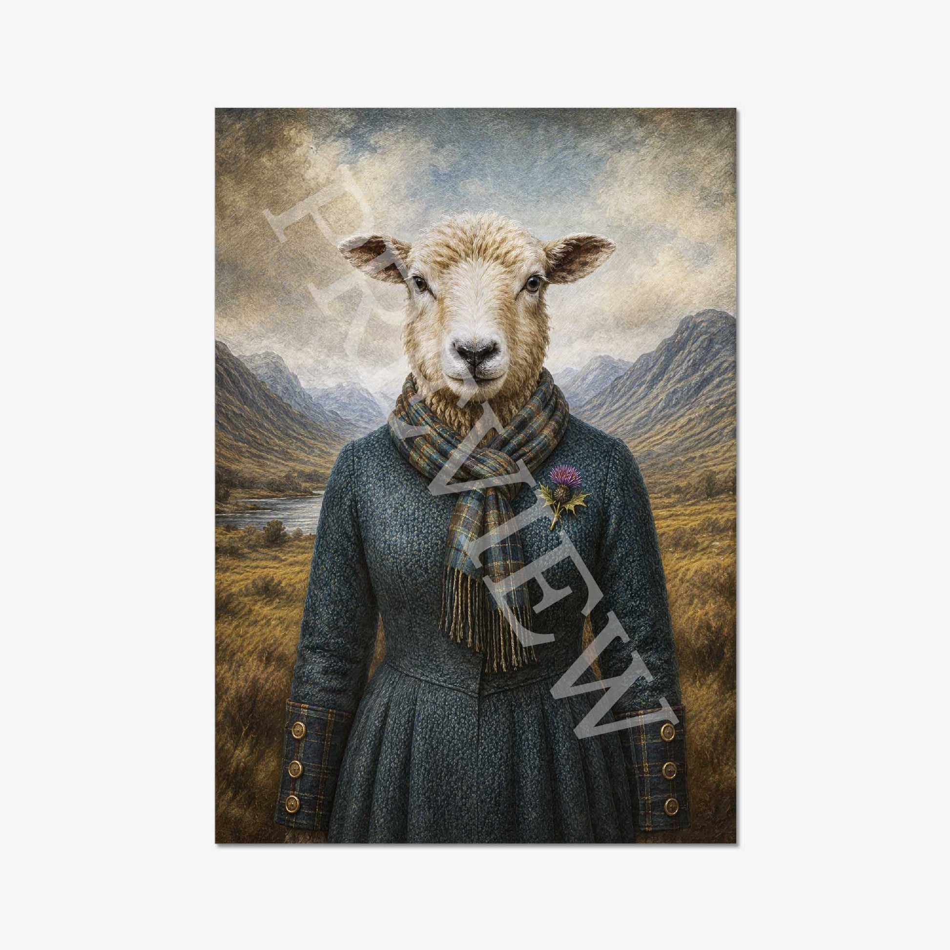 Sheep wearing a Scottish wool dress and tartan scarf with a highland  mountainous landscape in the background
