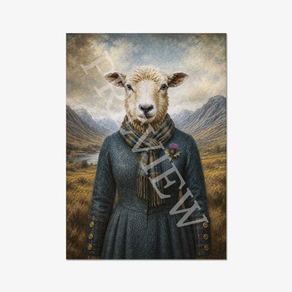 Sheep wearing a Scottish wool dress and tartan scarf with a highland  mountainous landscape in the background